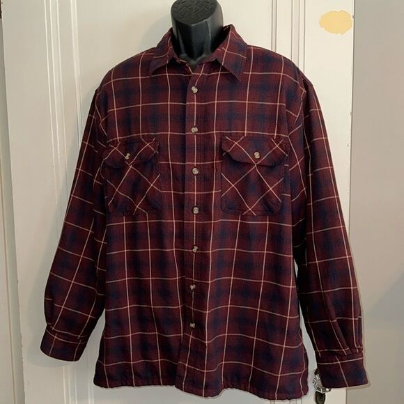 David Brook maroon/navy blue plaid flannel shacket with knit waffle weave lining - Picture 2 of 11